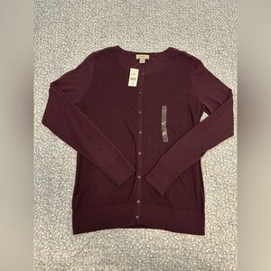NWT LOFT women's maroon cardigan sweater with a pointelle knit design.